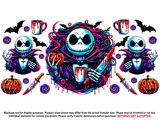 Jack Skellington Neon Halloween UV DTF transfer, full flat design on white background
