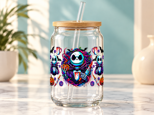 Jack Skellington Neon Halloween UV DTF transfer — glass cup mockup; cup not included