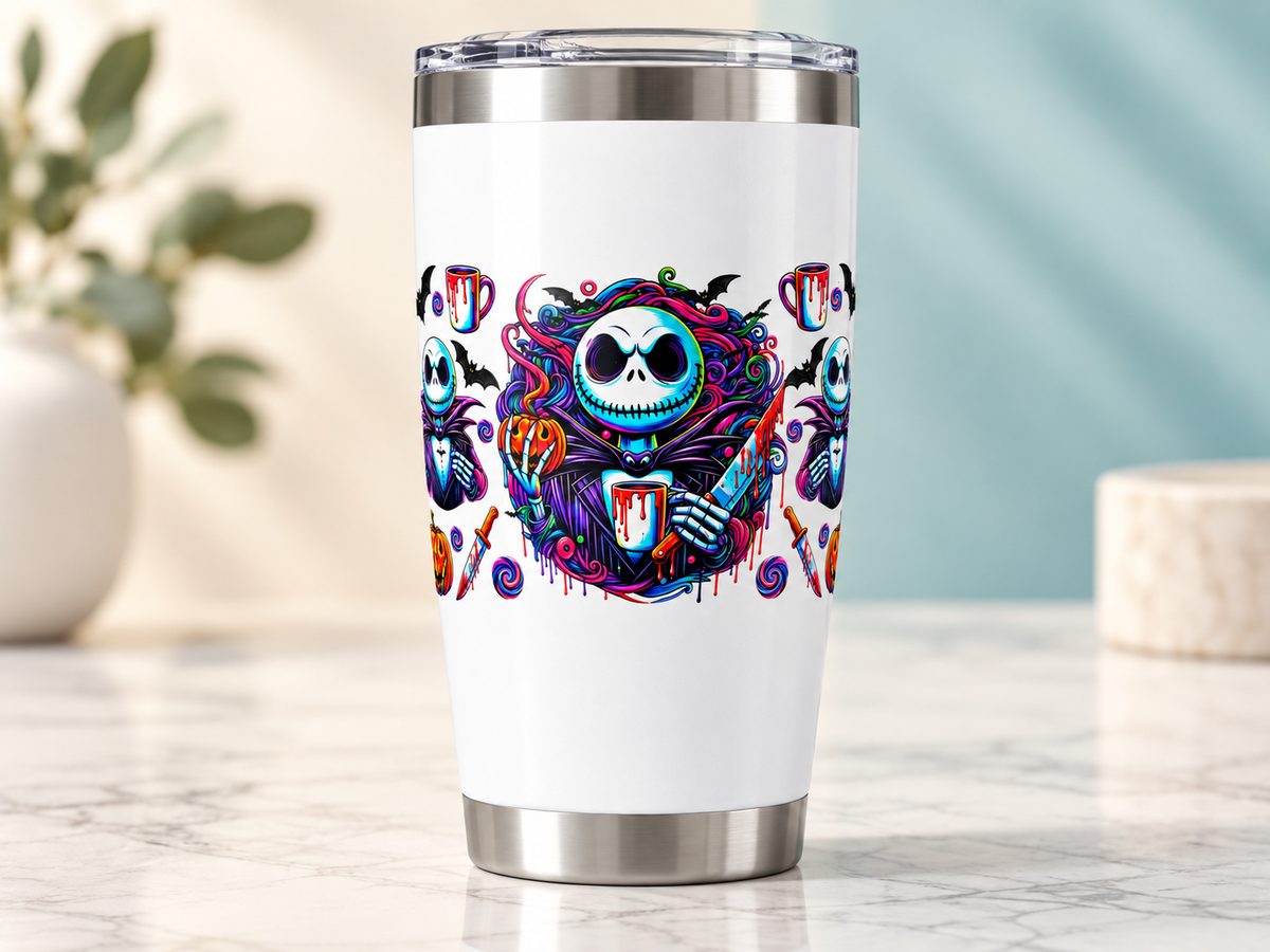 Jack Skellington Neon Halloween UV DTF transfer — white tumbler mockup; tumbler not included