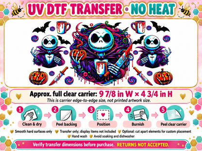 Jack Skellington Neon Halloween UV DTF transfer — carrier size and application guide