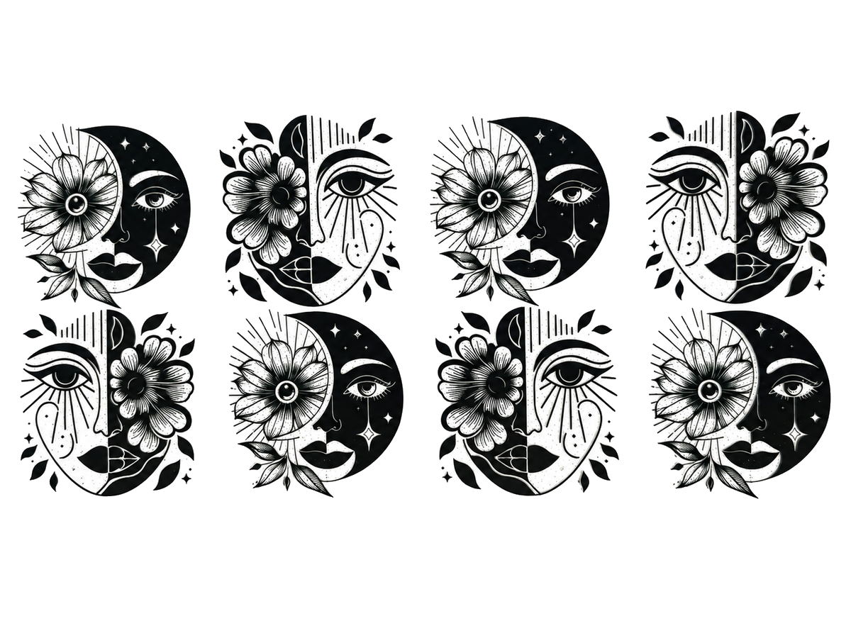 Celestial Eyes and Moons UV DTF transfer, full flat design on white background