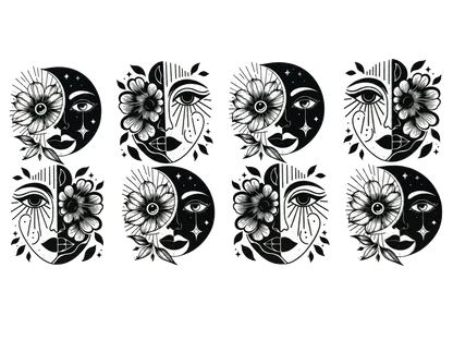 Celestial Eyes and Moons UV DTF transfer, full flat design on white background