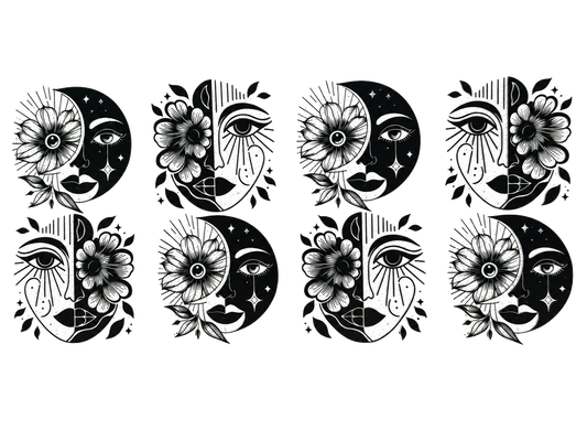 Celestial Eyes and Moons UV DTF transfer, full flat design on white background