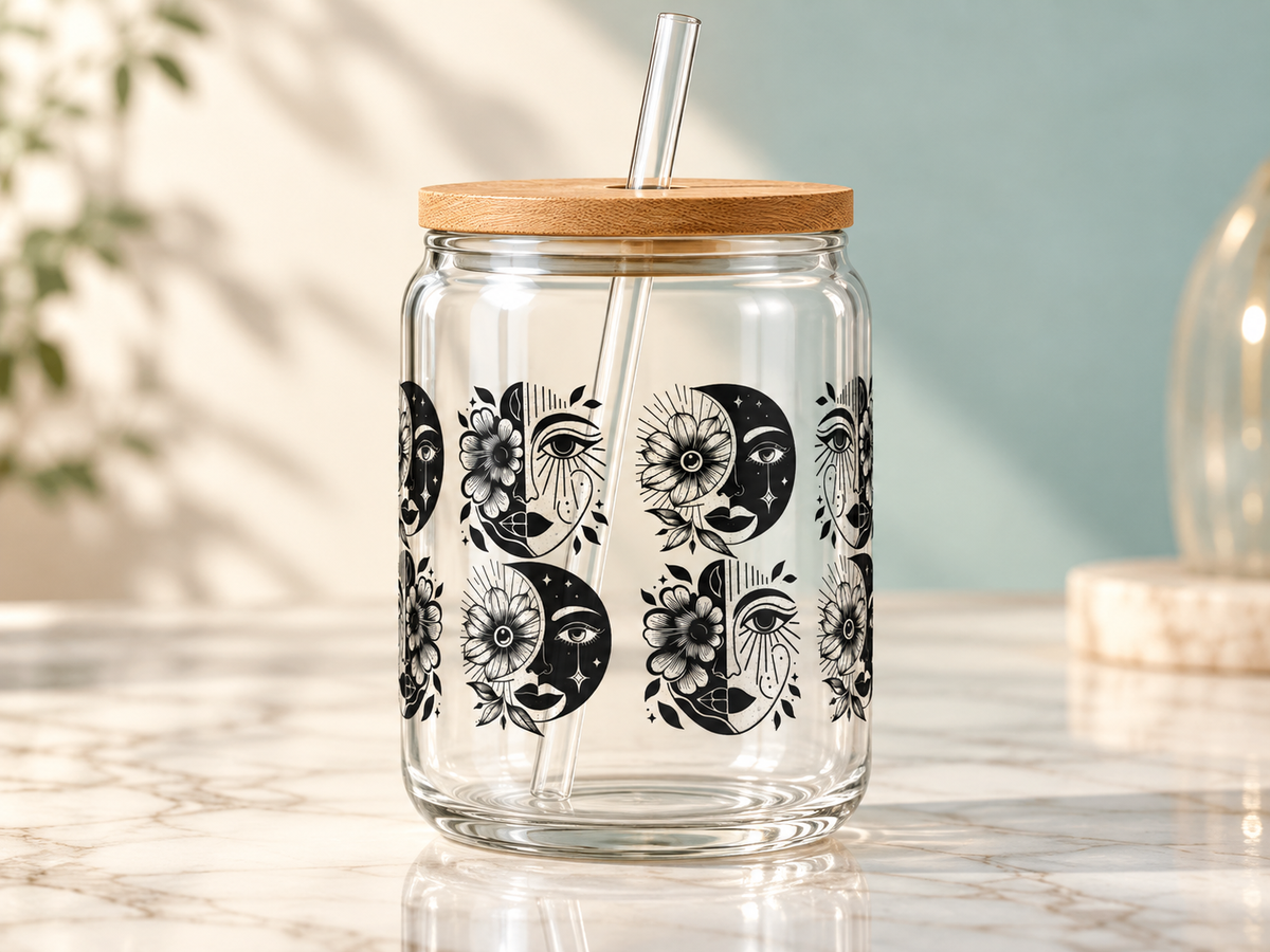 Celestial Eyes and Moons UV DTF transfer — glass cup mockup; cup not included