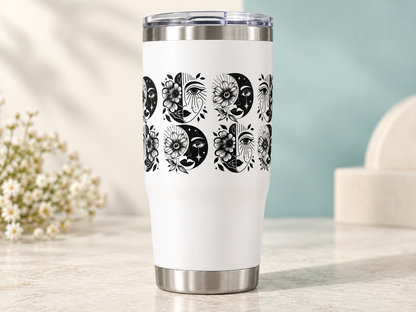 Celestial Eyes and Moons UV DTF transfer — white tumbler mockup; tumbler not included