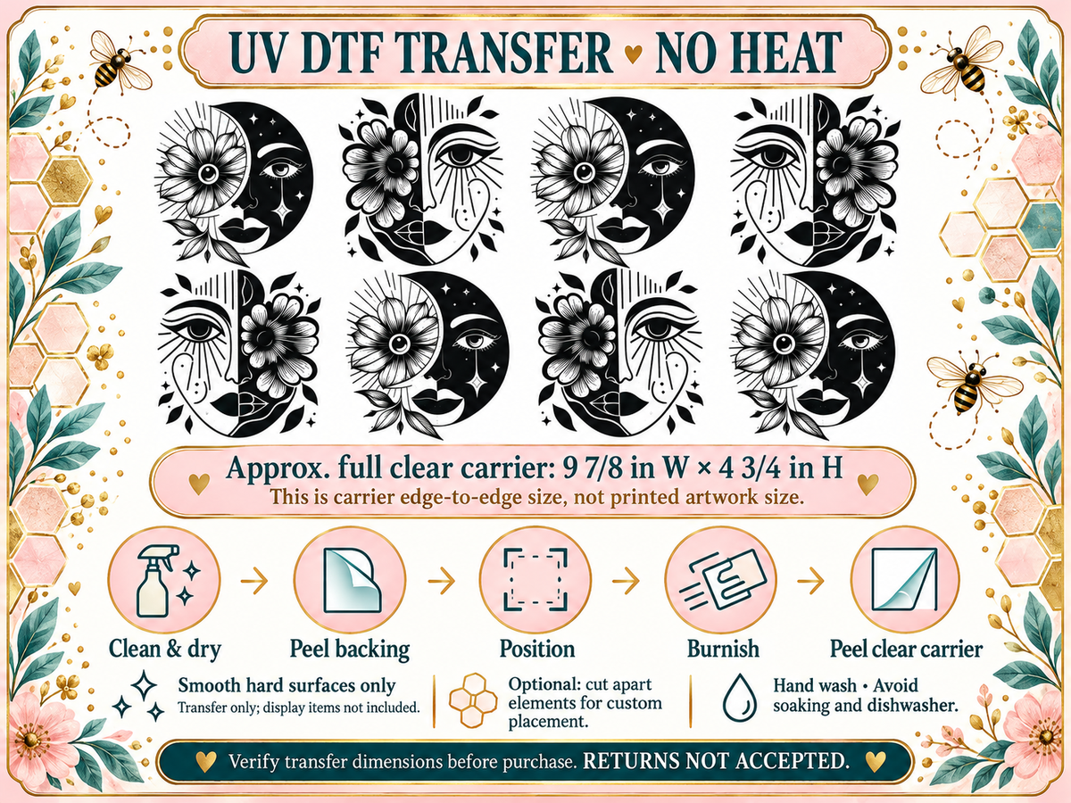 Celestial Eyes and Moons UV DTF transfer — carrier size and application guide