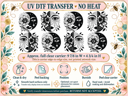 Celestial Eyes and Moons UV DTF transfer — carrier size and application guide