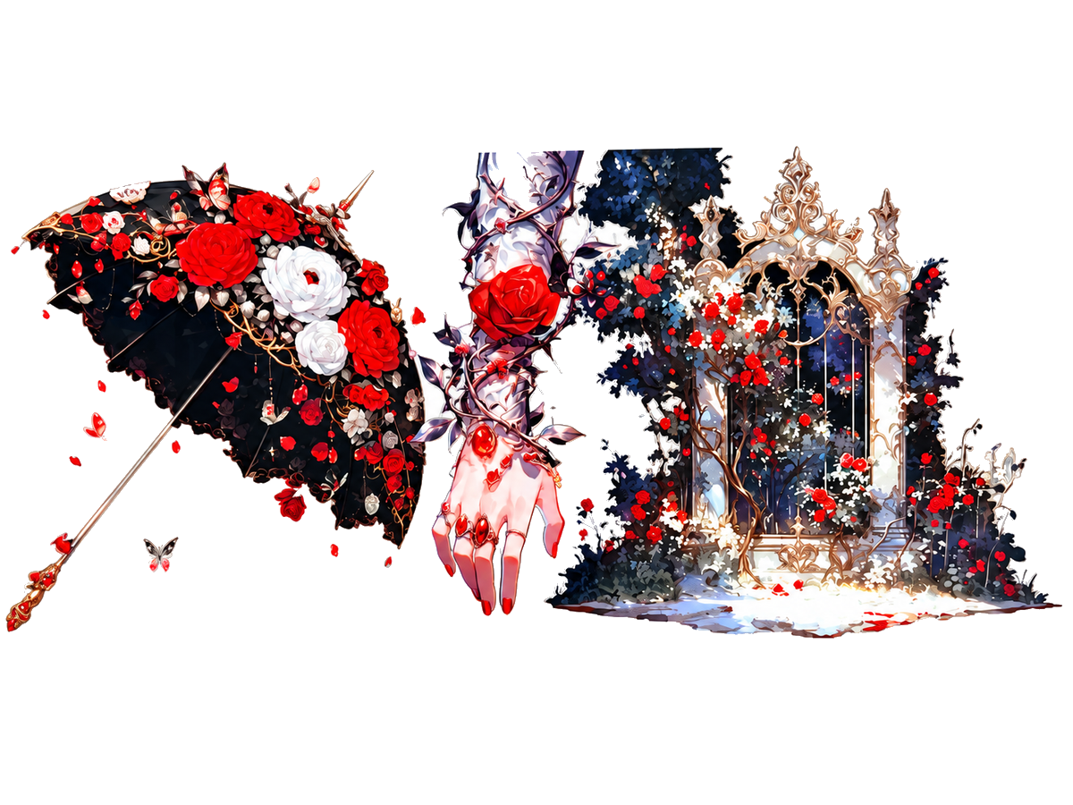 Gothic Umbrella and Rose Gate UV DTF transfer, full flat design on white background