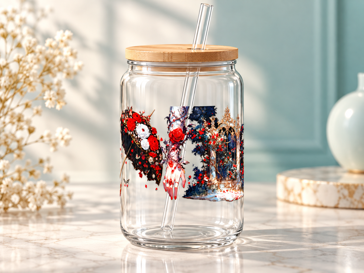 Gothic Umbrella and Rose Gate UV DTF transfer — glass cup mockup; cup not included