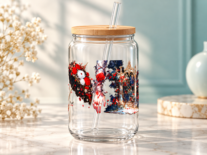 Gothic Umbrella and Rose Gate UV DTF transfer — glass cup mockup; cup not included