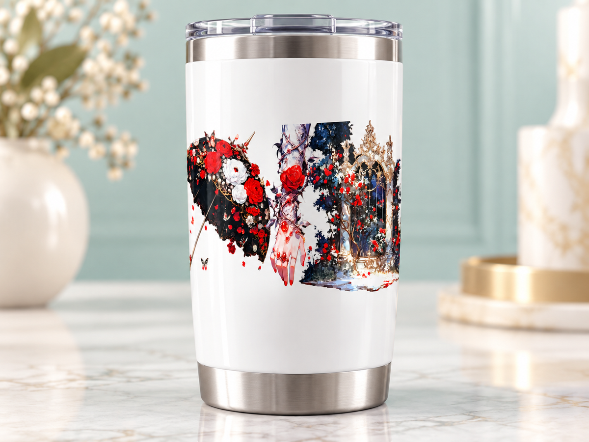 Gothic Umbrella and Rose Gate UV DTF transfer — white tumbler mockup; tumbler not included