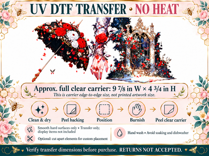 Gothic Umbrella and Rose Gate UV DTF transfer — carrier size and application guide
