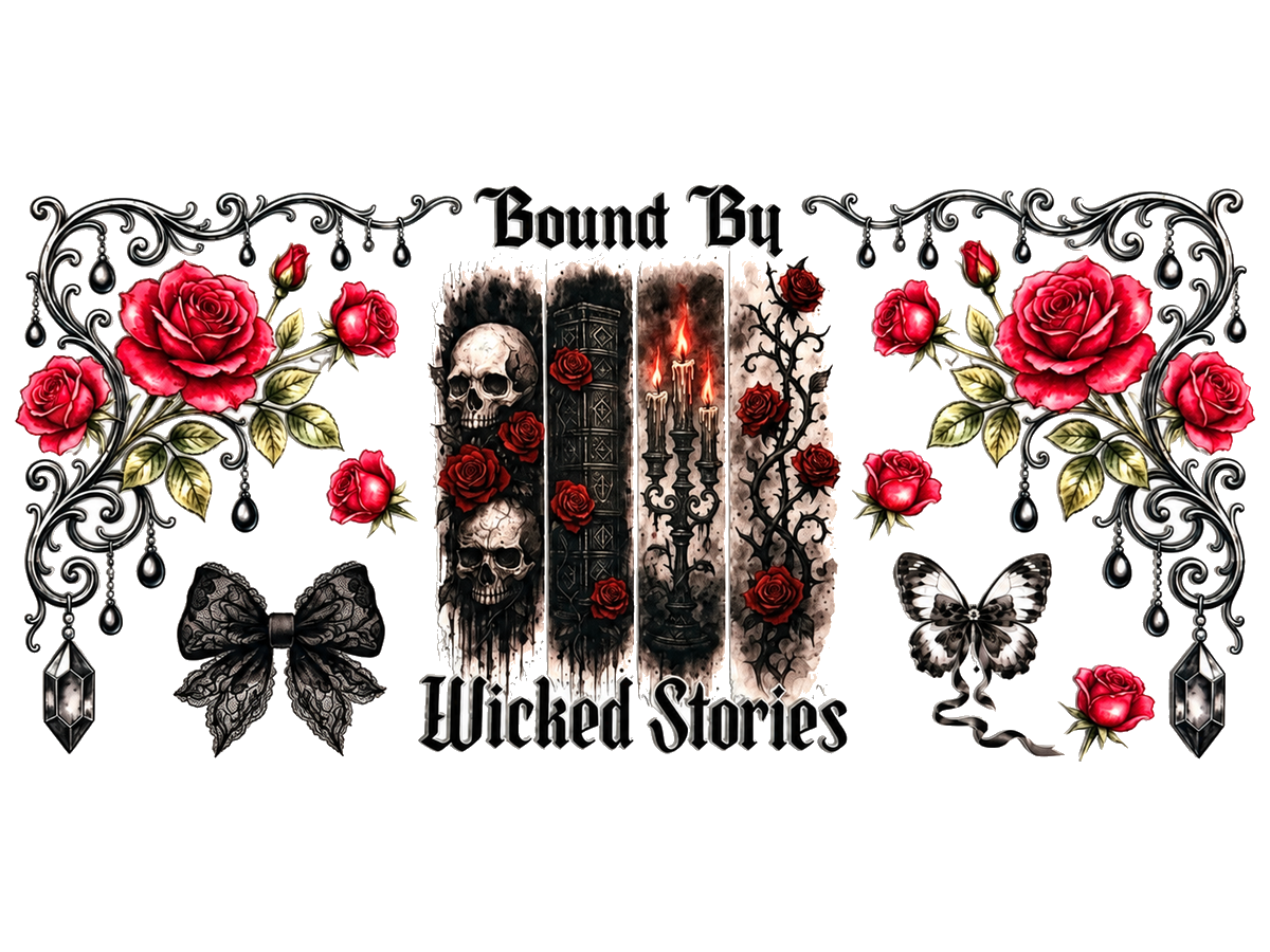 Bound By Wicked Stories UV DTF transfer, full flat design on white background