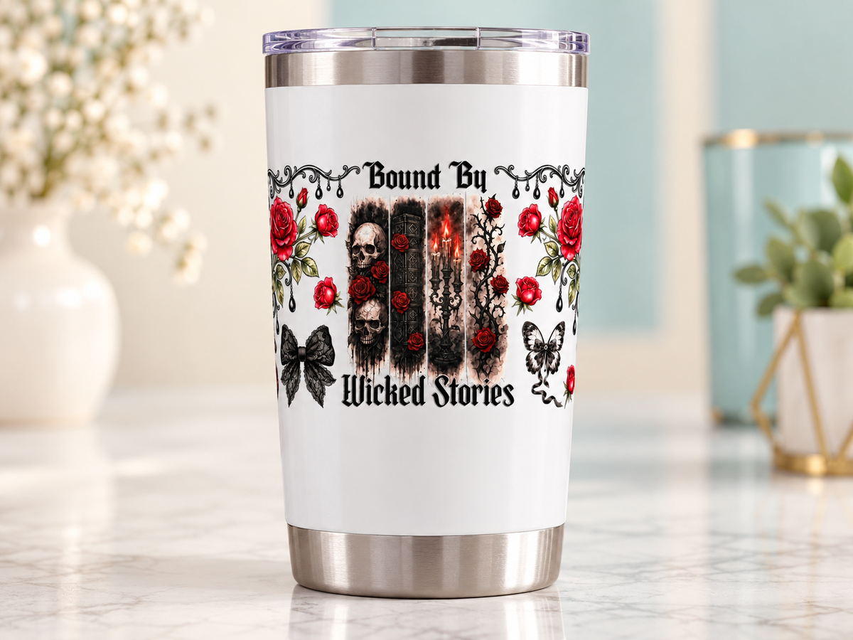 Bound By Wicked Stories UV DTF transfer — white tumbler mockup; tumbler not included