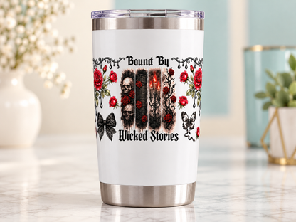 Bound By Wicked Stories UV DTF transfer — white tumbler mockup; tumbler not included