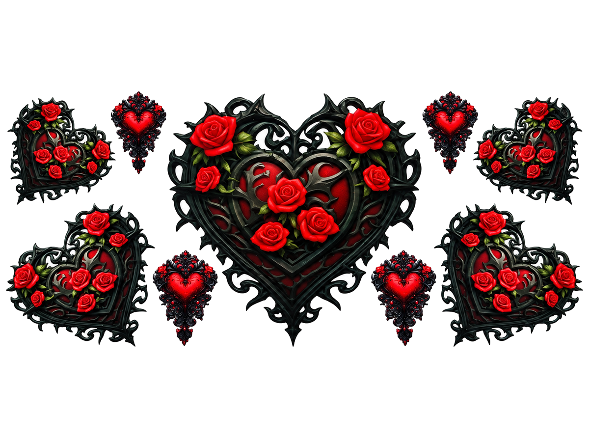 Gothic Red Rose Hearts UV DTF transfer, full flat design on white background