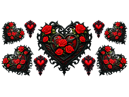 Gothic Red Rose Hearts UV DTF transfer, full flat design on white background