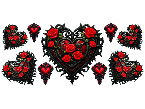 Gothic Red Rose Hearts UV DTF Cup Wrap Transfer — Optional Cut-Apart Sheet