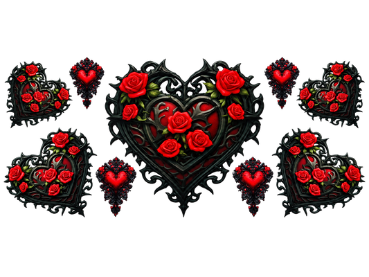 Gothic Red Rose Hearts UV DTF transfer, full flat design on white background