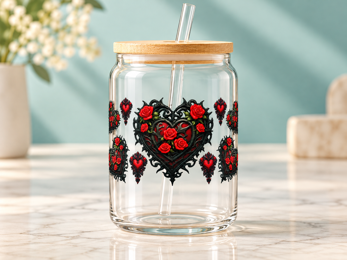 Gothic Red Rose Hearts UV DTF transfer — glass cup mockup; cup not included