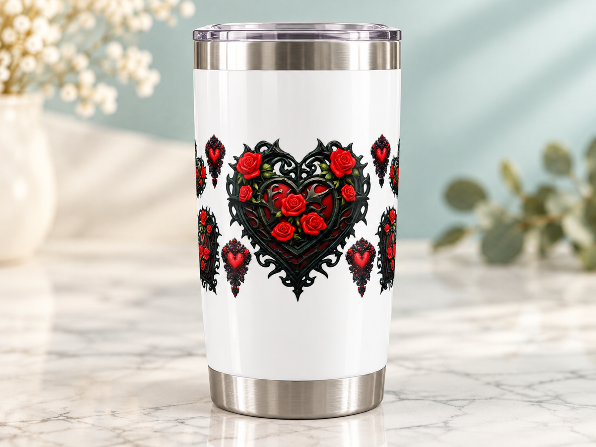Gothic Red Rose Hearts UV DTF transfer — white tumbler mockup; tumbler not included