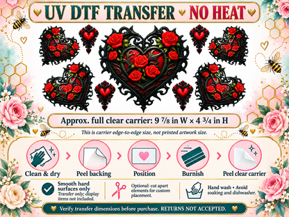 Gothic Red Rose Hearts UV DTF transfer — carrier size and application guide