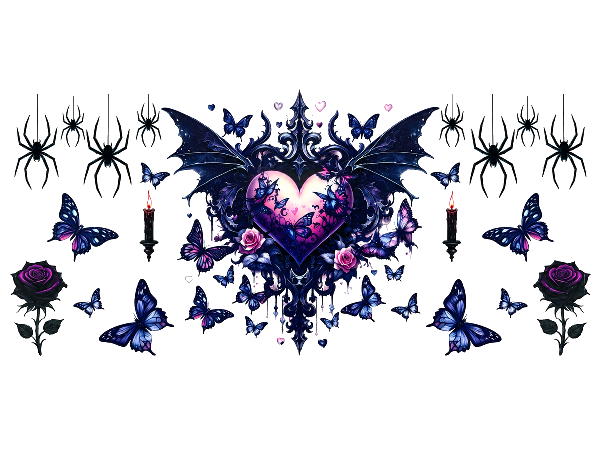 Gothic Winged Heart and Butterflies flat UV DTF transfer artwork; transfer only