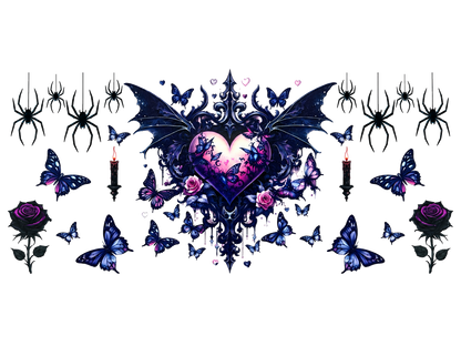 Gothic Winged Heart and Butterflies flat UV DTF transfer artwork; transfer only