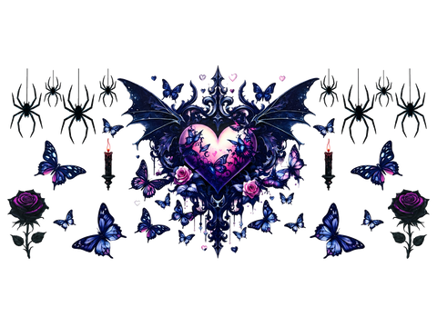 Gothic Winged Heart and Butterflies UV DTF Cup Wrap Transfer — Optional Cut-Apart Sheet