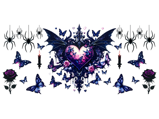 Gothic Winged Heart and Butterflies flat UV DTF transfer artwork; transfer only