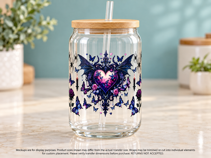Gothic Winged Heart and Butterflies — glass cup display mockup; cup excluded