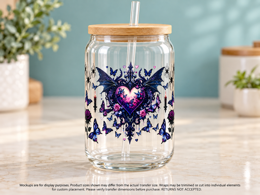 Gothic Winged Heart and Butterflies — glass cup display mockup; cup excluded