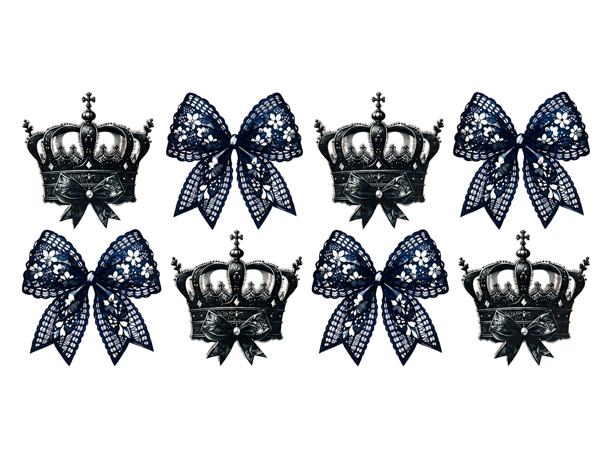 Black Lace Bows and Crowns flat UV DTF transfer artwork; transfer only