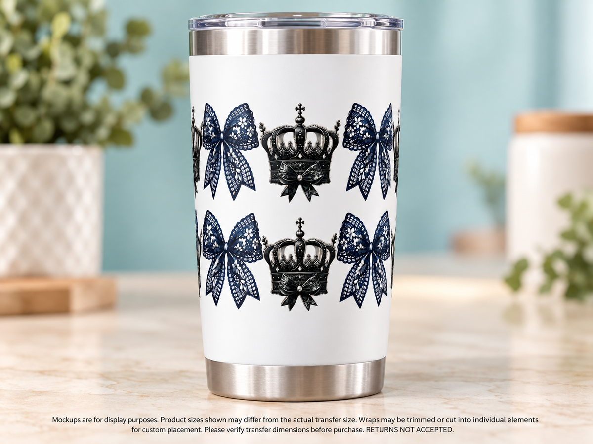 Black Lace Bows and Crowns — white tumbler display mockup; tumbler excluded