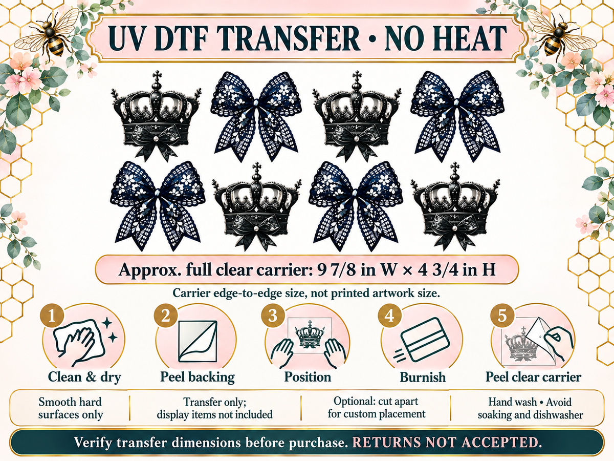 Black Lace Bows and Crowns — full clear carrier size and no-heat application guide