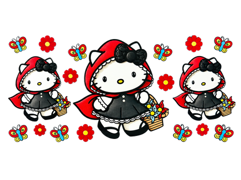Red Hood Kitty UV DTF Cup Wrap Transfer — Optional Cut-Apart Sheet