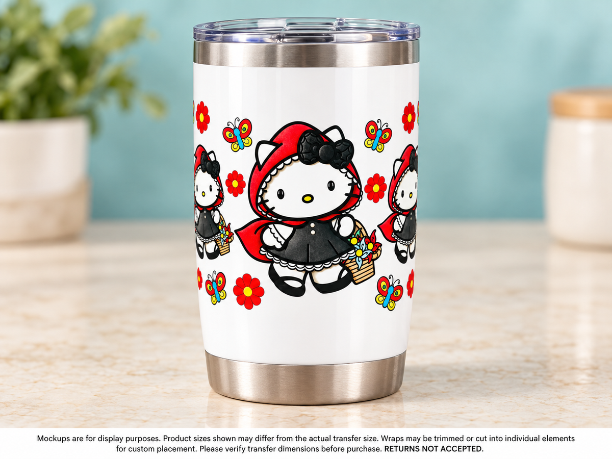 Red Hood Kitty — white tumbler display mockup; tumbler excluded