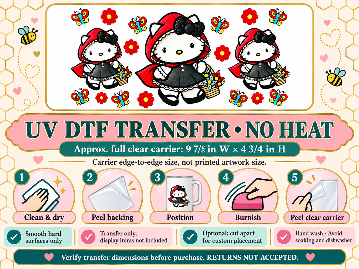 Red Hood Kitty — full clear carrier size and no-heat application guide