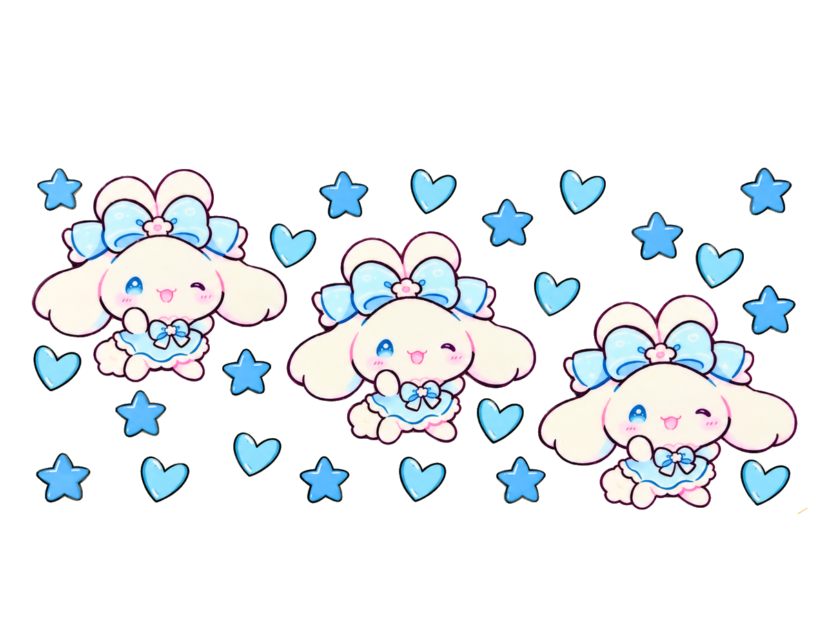 Blue Bow Character, Hearts and Stars UV DTF transfer — full approved artwork