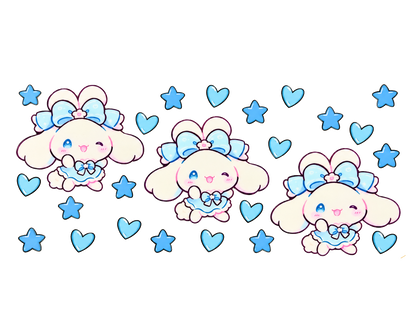 Blue Bow Character, Hearts and Stars UV DTF transfer — full approved artwork