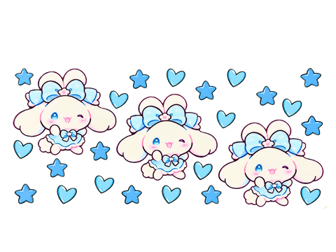 Blue Bow Character, Hearts and Stars UV DTF Cup Wrap Transfer — Optional Cut-Apart Sheet