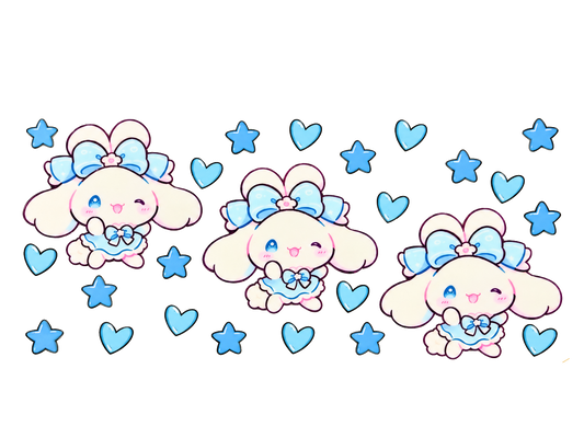 Blue Bow Character, Hearts and Stars UV DTF transfer — full approved artwork