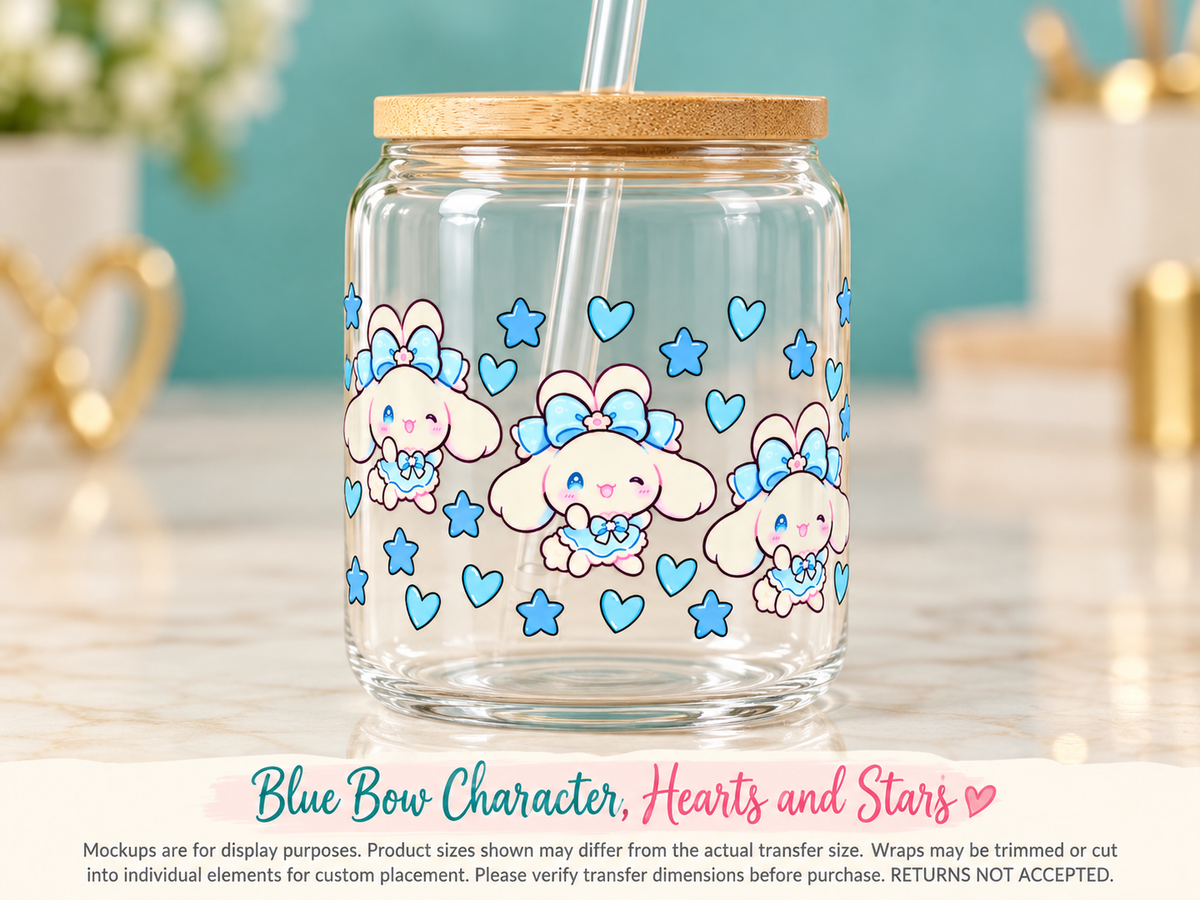 Blue Bow Character, Hearts and Stars on glass cup — display mockup