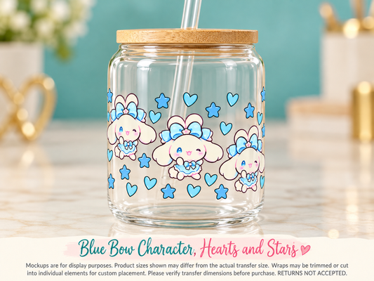 Blue Bow Character, Hearts and Stars on glass cup — display mockup
