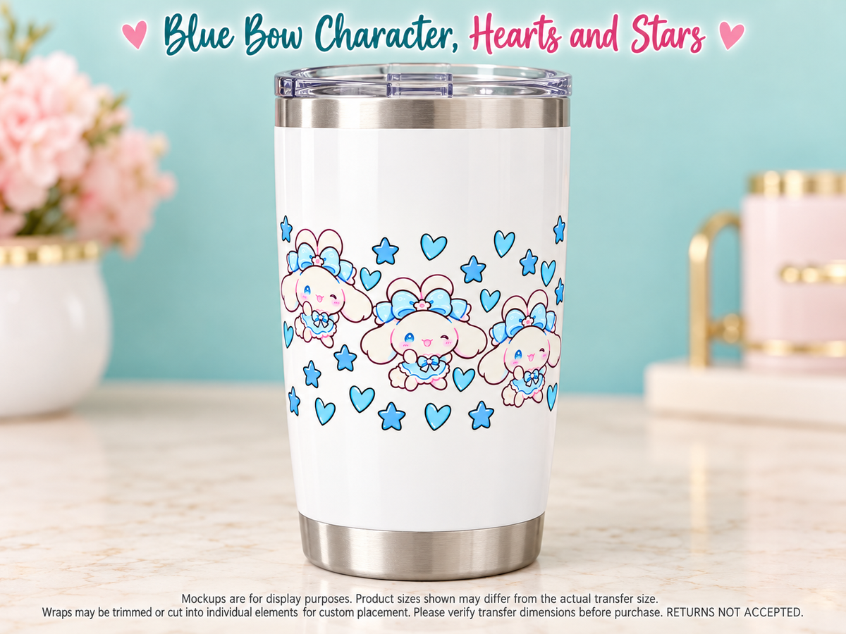 Blue Bow Character, Hearts and Stars on white tumbler — display mockup