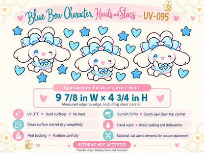 Blue Bow Character, Hearts and Stars full carrier size and no-heat application guide