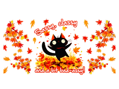 Sassy Classy Autumn Cat UV DTF transfer — full approved artwork