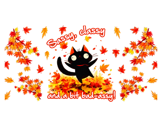 Sassy Classy Autumn Cat UV DTF transfer — full approved artwork
