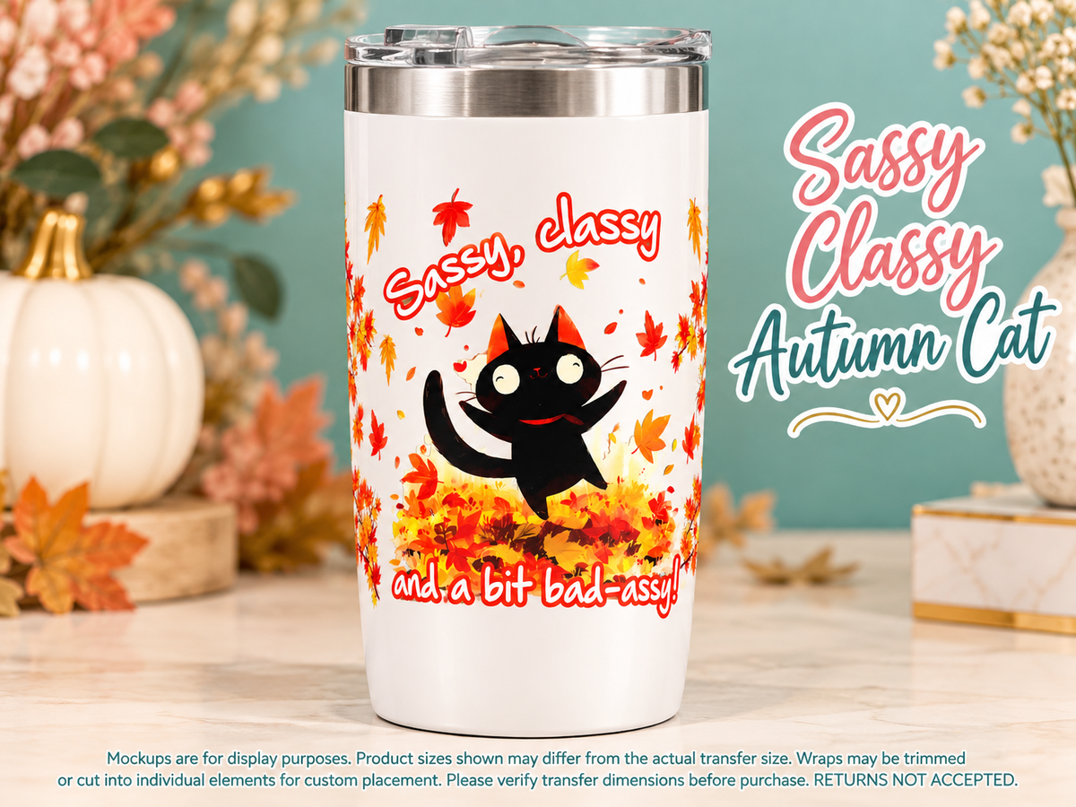 Sassy Classy Autumn Cat on white tumbler — display mockup