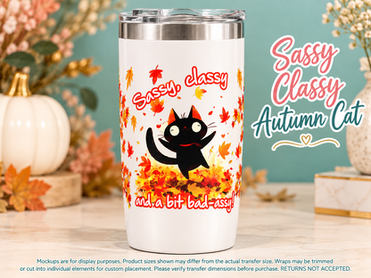 Sassy Classy Autumn Cat on white tumbler — display mockup